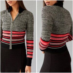 Urban Outfitters Black and Gray Zip-Front Striped Waist Sweater with Red Accents
